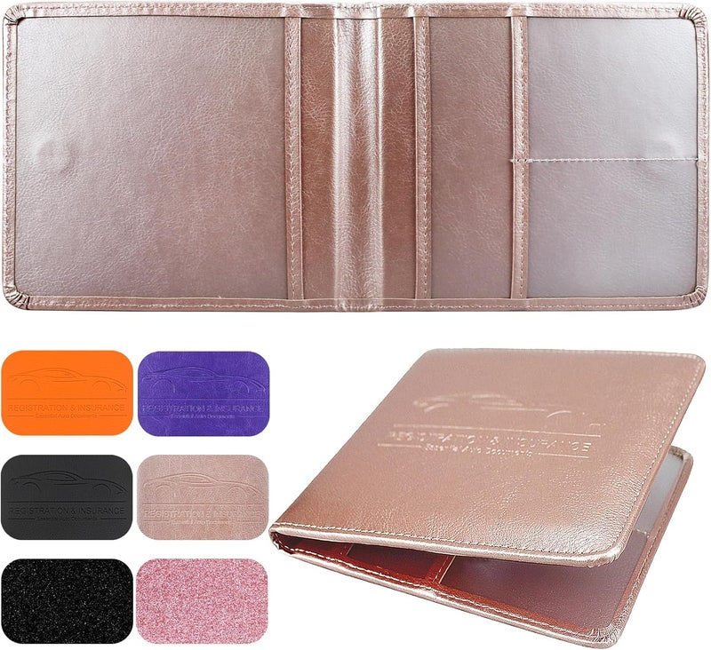Car Registration and Insurance Holder, Leather Registration and Insurance Card Holder, vehicle Glove Box Organizer for Cards, Essential Document, Driver License Vehicle Paperwork (Rosegold), - Image 1
