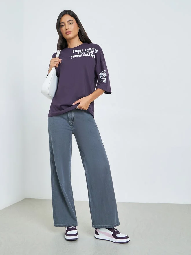 Styli Styli Purple Slogan Print Oversized T-Shirt