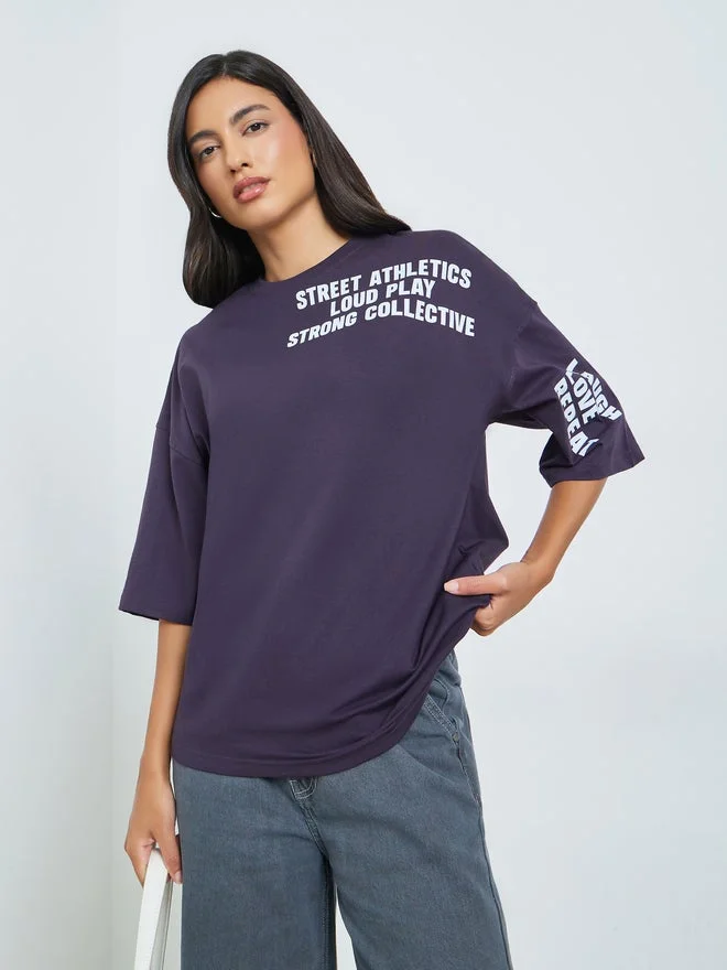 Styli Styli Purple Slogan Print Oversized T-Shirt
