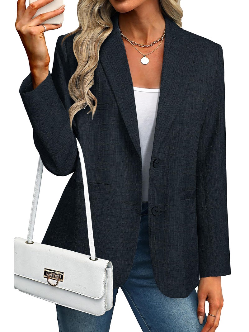 Simplee Women's 2026 Business Casual Blazers Tweed Long Sleeve Lapel Open Front Button Fashion Work Office Clothes with Pockets(Navy M) - Image 1