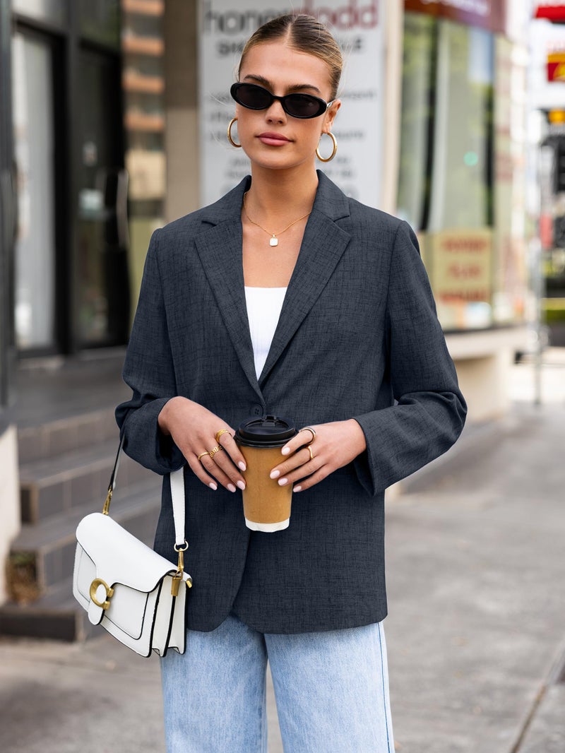 Simplee Women's 2026 Business Casual Blazers Tweed Long Sleeve Lapel Open Front Button Fashion Work Office Clothes with Pockets(Navy M) - Image 3