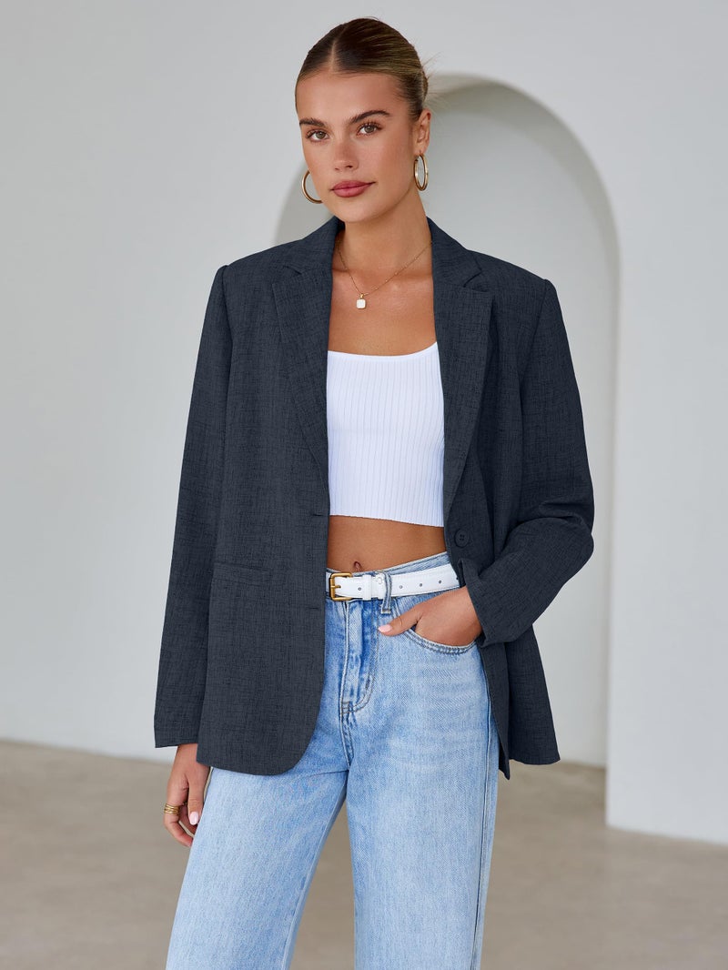 Simplee Women's 2026 Business Casual Blazers Tweed Long Sleeve Lapel Open Front Button Fashion Work Office Clothes with Pockets(Navy M) - Image 4