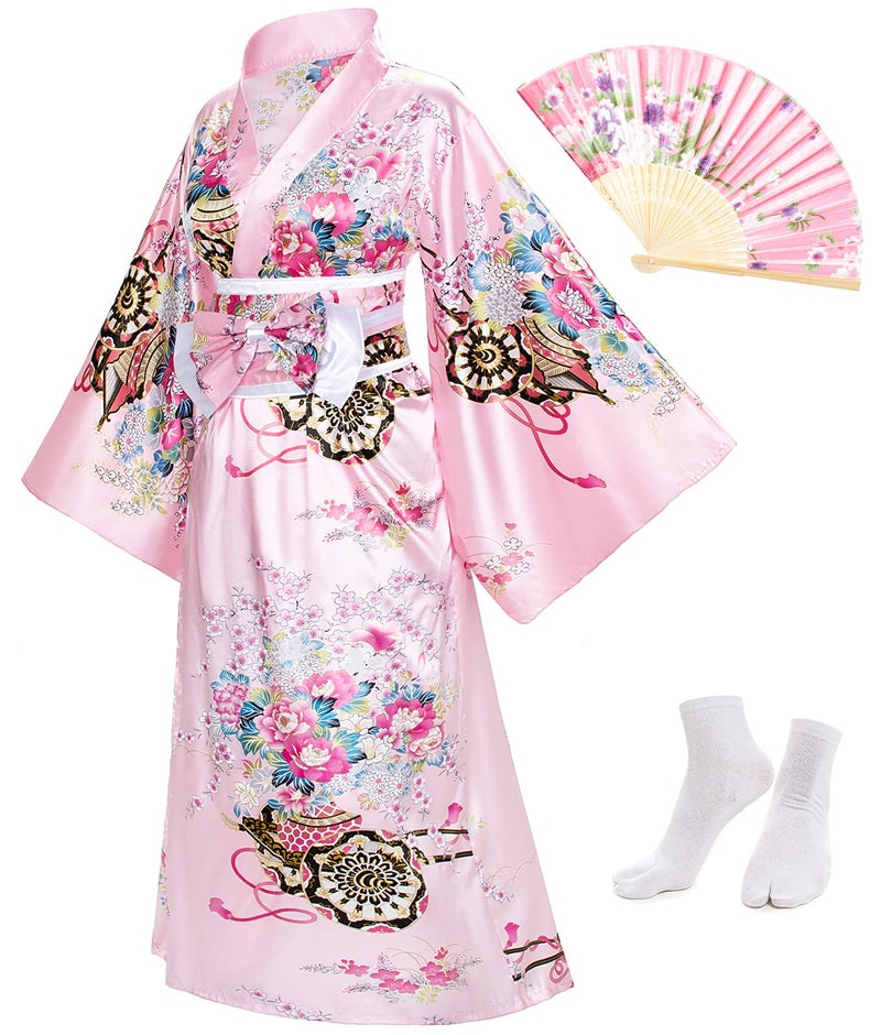 Elibelle Japanese Anime Women's Long Kimono Robe Fancy Dress Hand Held Silk Folding Fans Tabi Socks OBI Belt Set Pink - Image 1