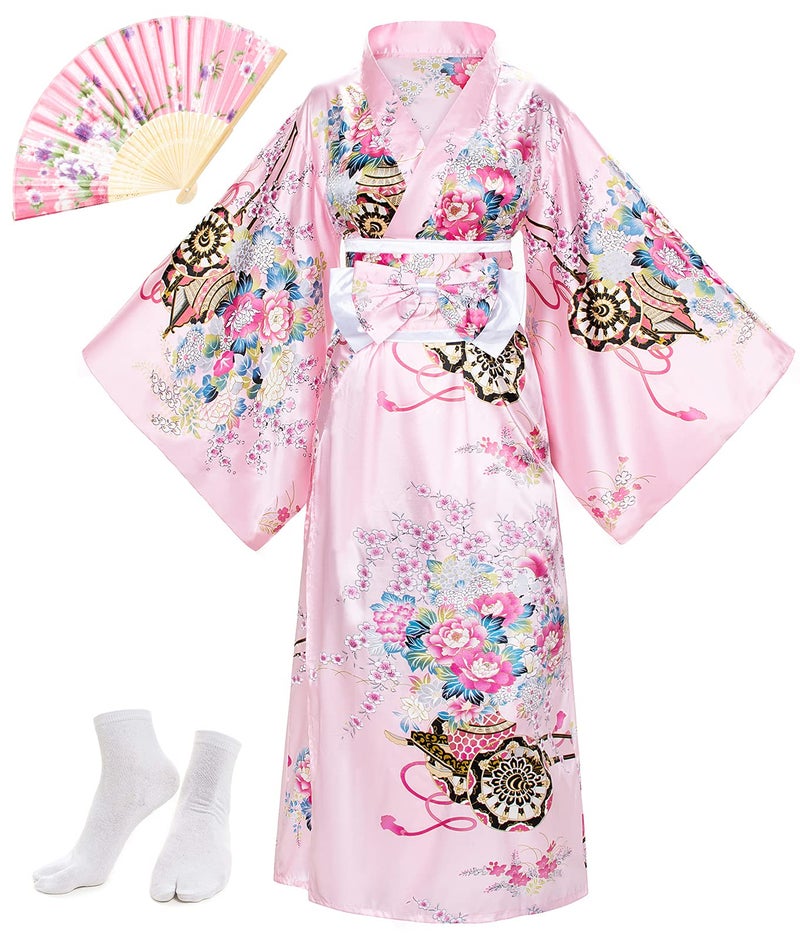 Elibelle Japanese Anime Women's Long Kimono Robe Fancy Dress Hand Held Silk Folding Fans Tabi Socks OBI Belt Set Pink - Image 5