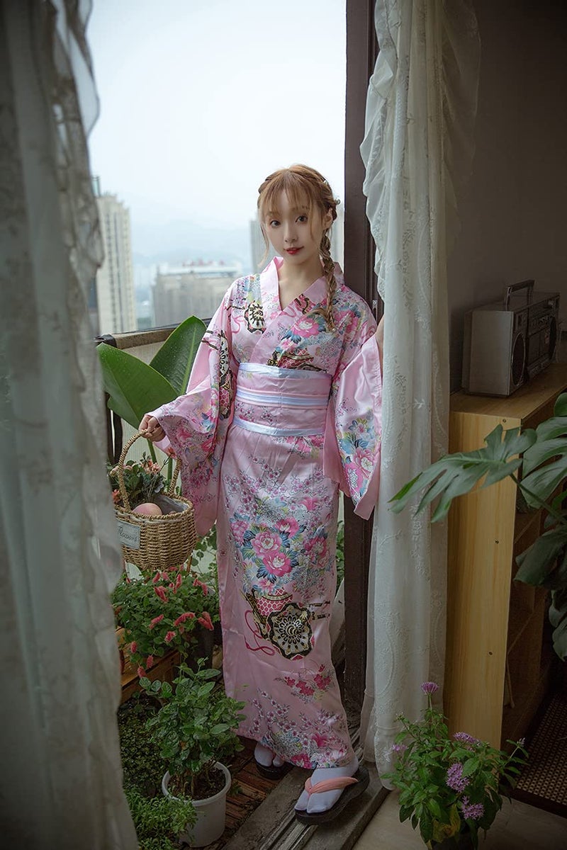 Elibelle Japanese Anime Women's Long Kimono Robe Fancy Dress Hand Held Silk Folding Fans Tabi Socks OBI Belt Set Pink - Image 2