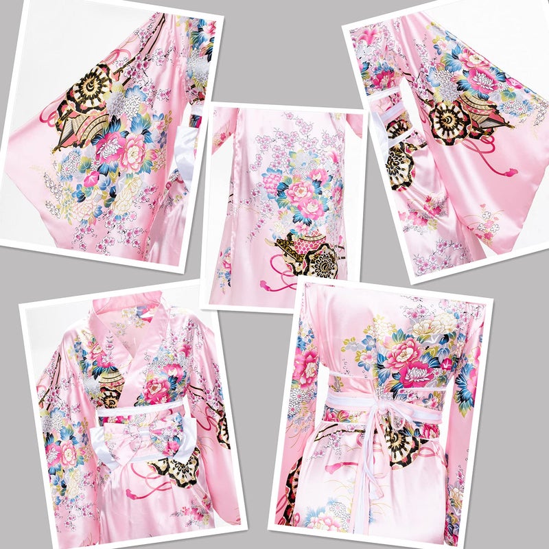 Elibelle Japanese Anime Women's Long Kimono Robe Fancy Dress Hand Held Silk Folding Fans Tabi Socks OBI Belt Set Pink - Image 4