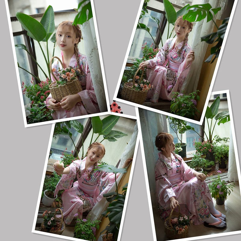 Elibelle Japanese Anime Women's Long Kimono Robe Fancy Dress Hand Held Silk Folding Fans Tabi Socks OBI Belt Set Pink - Image 3