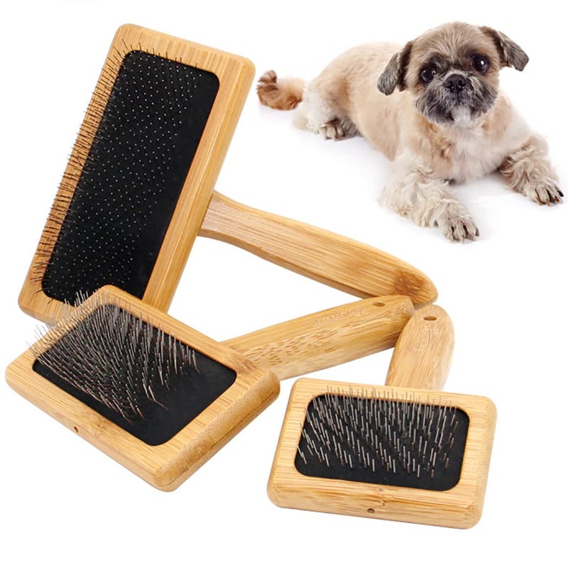 Pet Slicker Brush for Dogs and Puppies, Wooden Handle Pet Hair Comb, Stainless Steel Grooming Brush for Tangled Hair and Shedding Care, Assorted Sizes - Image 1