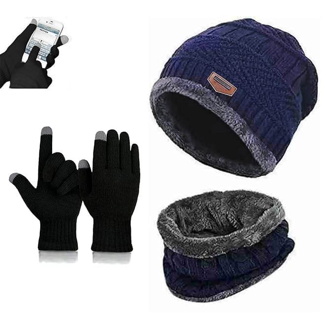 Perpetual Men's Winter Wear Set - Bike Riding Gloves, Stylish Woolen Caps, Touchscreen Gloves, Neck Warmers, Beanie Cap for Cold Weather Mix Color 1 Set - Image 3