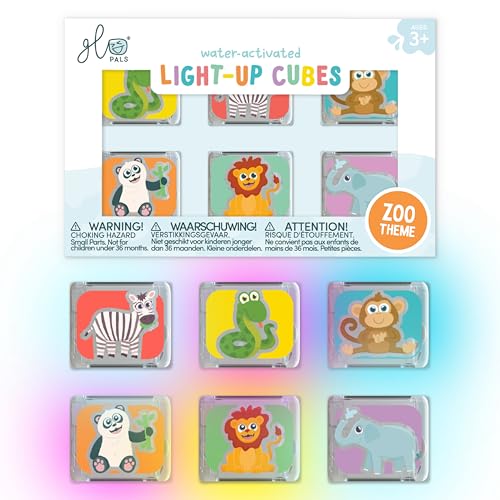 Glo Pals WaterActivated LightUp Cubes for Bathtime and Sensory Play Includes 6 Reusable LightUp Cubes Sensory Toys and Glowing Bath Cube for Kids and Toddlers Zoo - Image 1