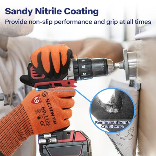 Schwer ProGuard Highest Level Cut Resistant Work Gloves PR3326 for Extreme Protection，ANSI A9 Cut Gloves with Reinforced Thumb, Non Slip, Breathable, Durable, Touch-screen, Non PFAS, Orange 1 Pair（L） - Image 3