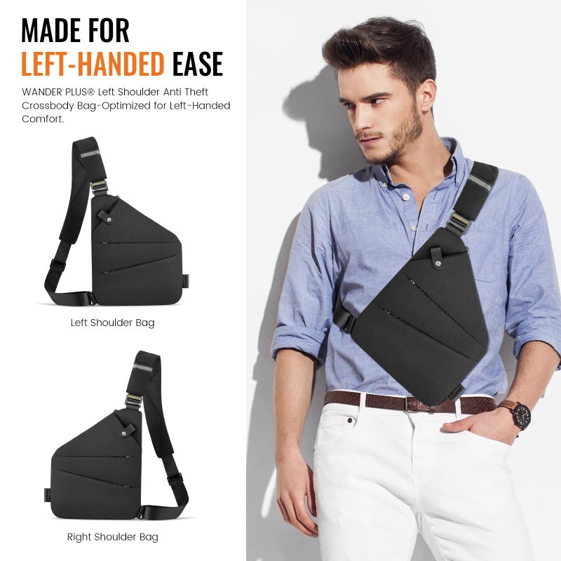 WANDER PLUSÂ® Left Shoulder Anti Theft Crossbody Travel Bag for Women Men, Multi-pocket Crossbody Bag, Slim Sling Bag with Adjustable Strap, Black - Image 3