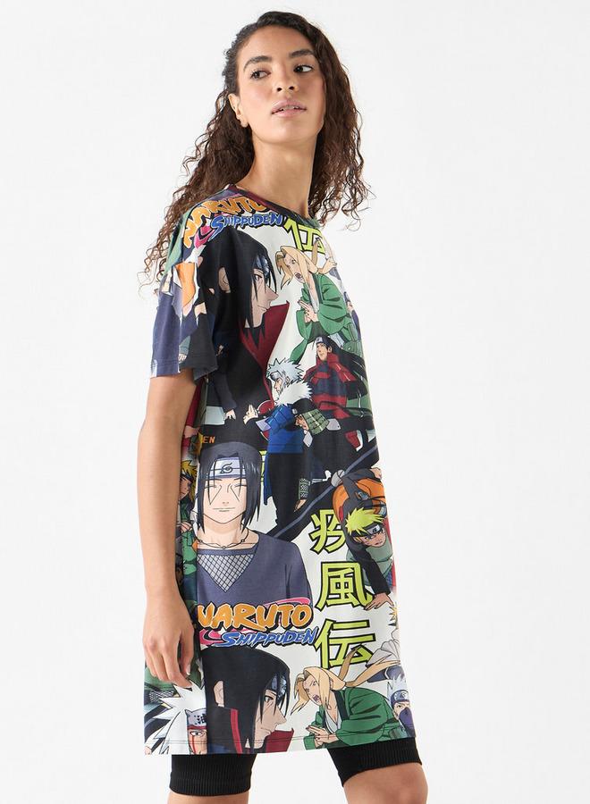 SP Characters All-Over Naruto Print Crew Neck Longline T-shirt with Short Sleeves - Image 1