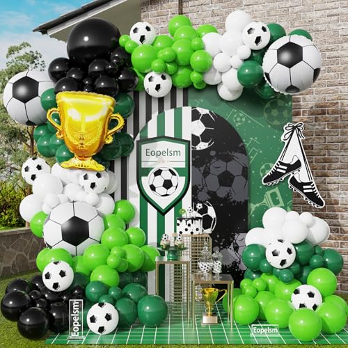 Eopelsm Soccer Balloon Arch Kit 145Pcs Green Black and White Balloons Garland with Soccer and Trophy Foil Balloons for Sport Game World Cup Football Birthday Party Decorations - Image 1