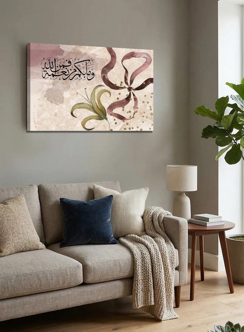 لوحة لوحة كانفاس على إطار خشبي بتصميم وما بكم من نعمة فمن الله قرآن سورة النحل
