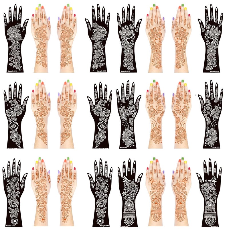 Mzstgh Henna Tattoo stencil kit, Henna Tattoo Indian Temporary Tattoo Stencils Glitter Airbrushing Diy Henna Tattoo Stencils Hand Forearm Tattoo Stickers (13-18)
