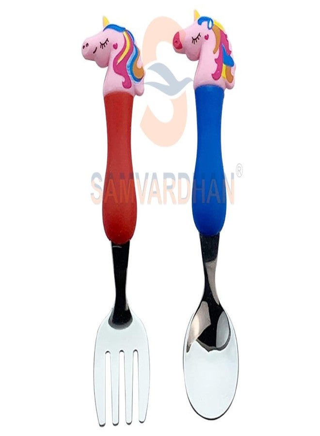 Magic Star Tableware Set 4 Piece Stainless Steel Spoon Fork Set with Soft Grip Handles Colorful Cartoon Unicorn Cutlery for Girls Boys Birthday Gift. - Image 3