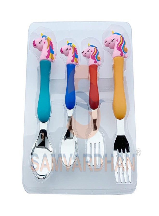 Magic Star Tableware Set 4 Piece Stainless Steel Spoon Fork Set with Soft Grip Handles Colorful Cartoon Unicorn Cutlery for Girls Boys Birthday Gift. - Image 4
