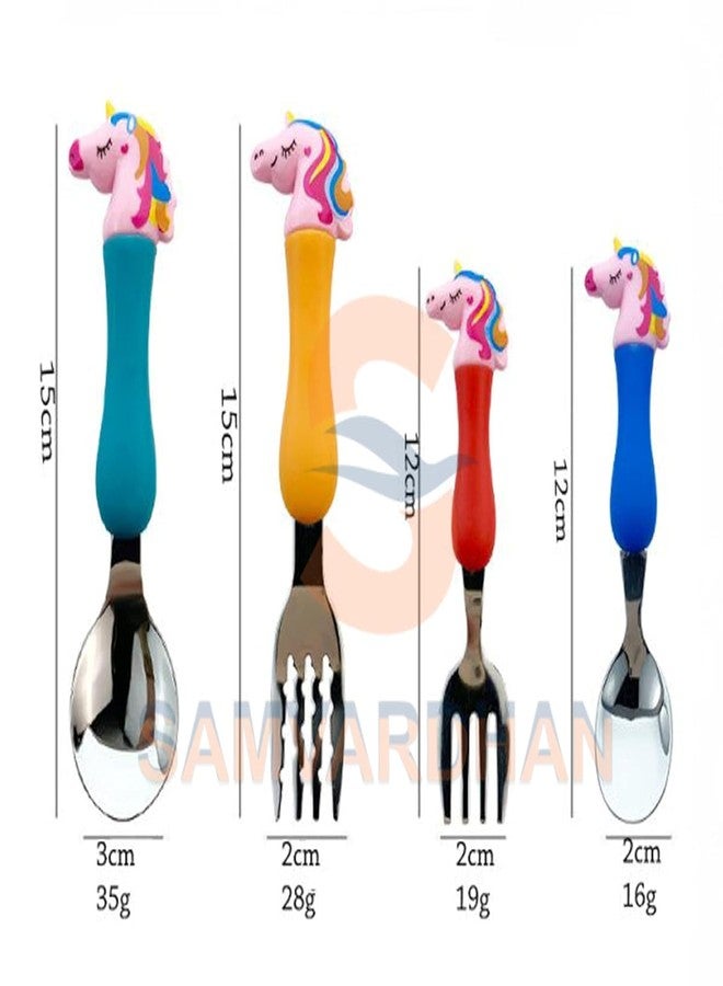 Magic Star Tableware Set 4 Piece Stainless Steel Spoon Fork Set with Soft Grip Handles Colorful Cartoon Unicorn Cutlery for Girls Boys Birthday Gift. - Image 5