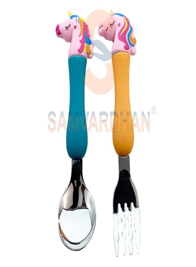 Magic Star Tableware Set 4 Piece Stainless Steel Spoon Fork Set with Soft Grip Handles Colorful Cartoon Unicorn Cutlery for Girls Boys Birthday Gift. - Image 2