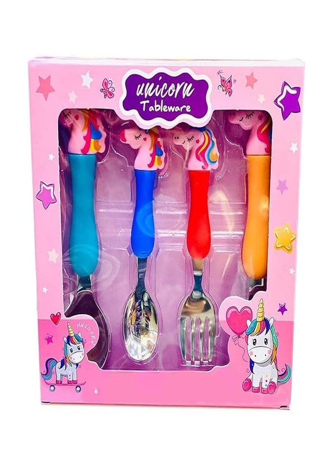 Magic Star Tableware Set 4 Piece Stainless Steel Spoon Fork Set with Soft Grip Handles Colorful Cartoon Unicorn Cutlery for Girls Boys Birthday Gift. - Image 1