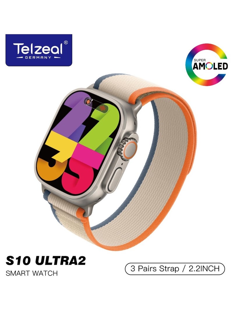 Telzeal - S10 Ultra2 AMOLED Display Smart Watch with 3 Pair Strap and Wireless Charger Gold - Image 1