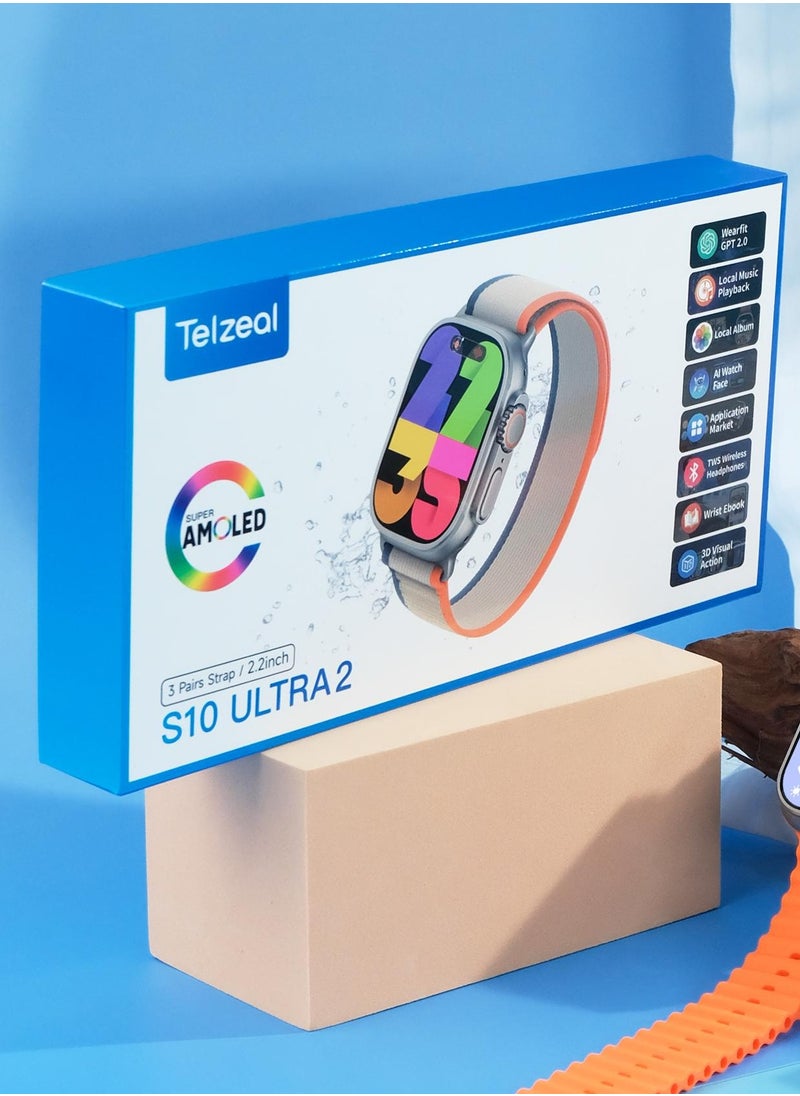 Telzeal - S10 Ultra2 AMOLED Display Smart Watch with 3 Pair Strap and Wireless Charger Gold - Image 1