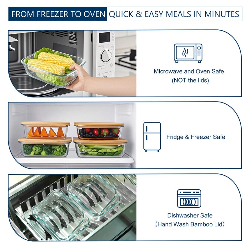 DE Glass Food Storage Containers with Bamboo Lids â€“ 4 Pack (12oz/21oz/35oz/51oz) â€“ BPA-Free Borosilicate Glass Meal Prep Boxes â€“ Oven, Microwave, Freezer Safe â€“ Stackable & Airtight - Image 5