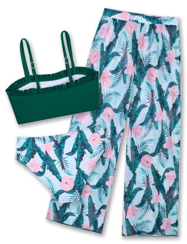 Vogseek Girls Swimsuits Size 12 14 Teens Summer 3pcs Bikini Bathing Suits 13 14 Year Old Junior Cute Green Hawaiian Tankini Swim Suits with Mesh Cover ups Long Pant Teen Quick Dry Swimming Wear for Holiday - Image 4