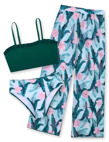 Vogseek Girls Swimsuits Size 12 14 Teens Summer 3pcs Bikini Bathing Suits 13 14 Year Old Junior Cute Green Hawaiian Tankini Swim Suits with Mesh Cover ups Long Pant Teen Quick Dry Swimming Wear for Holiday - Image 1