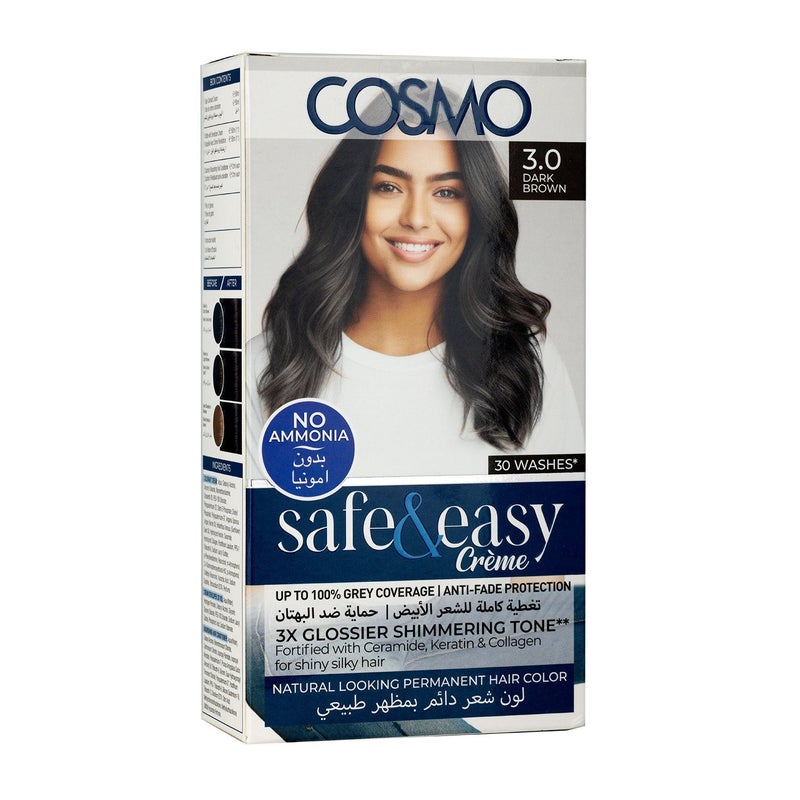 COSMO Safe & Easy No Ammonia 3.0 Dark Brown Permanent Intense Creme Hair Color Kit - Rich Pigment Formula for Vibrant, Fade-Resistant Results – Gentle, Nourishing Ingredients for Smooth, Healthy-Looking Hair, 3X Glossier Shimmering Tone - Image 1