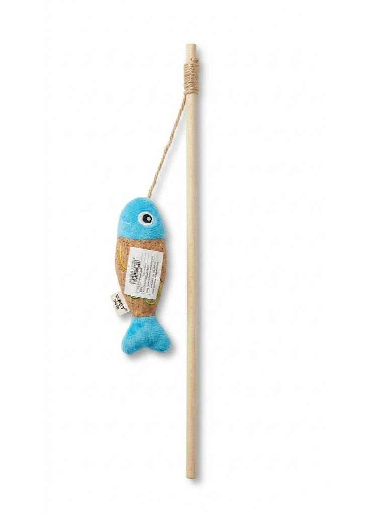 Cat Wand Toy with Plush Fish, Blue, Wooden Rod and Jute String, Interactive Play