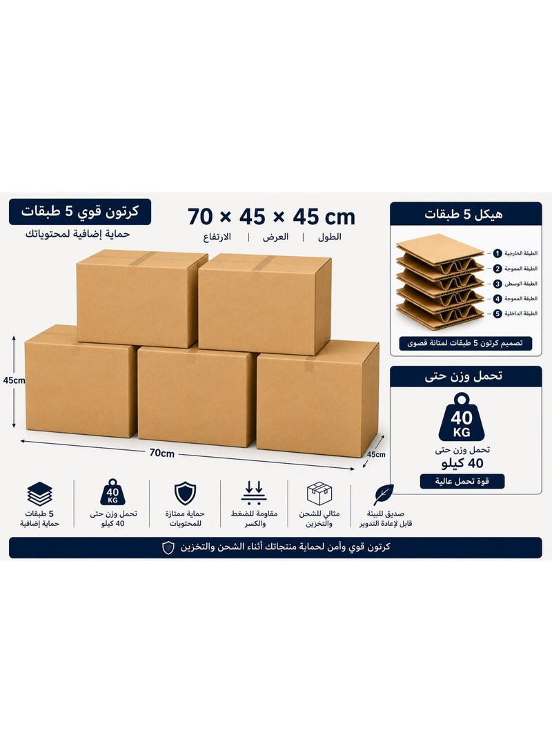 Heavy Duty 5-Ply Shipping Boxes 70x45x45 cm, Durable Moving Cardboard Cartons for Packing Clothes & Kitchenware, 40kg Weight Capacity (Box Set) - Image 3