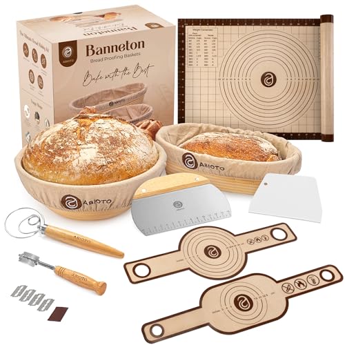 ABIOTO 9" Round and 10" Oval Banneton Bread Proofing Baskets and Sourdough Bread Baking Supplies, A Complete Sourdough Kit with Bread Lame, Danish Whish, Bowl & Dough Scraper, 2 Bread Slings, and Baking Mat - Image 1