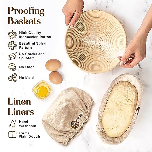 ABIOTO 9" Round and 10" Oval Banneton Bread Proofing Baskets and Sourdough Bread Baking Supplies, A Complete Sourdough Kit with Bread Lame, Danish Whish, Bowl & Dough Scraper, 2 Bread Slings, and Baking Mat - Image 4