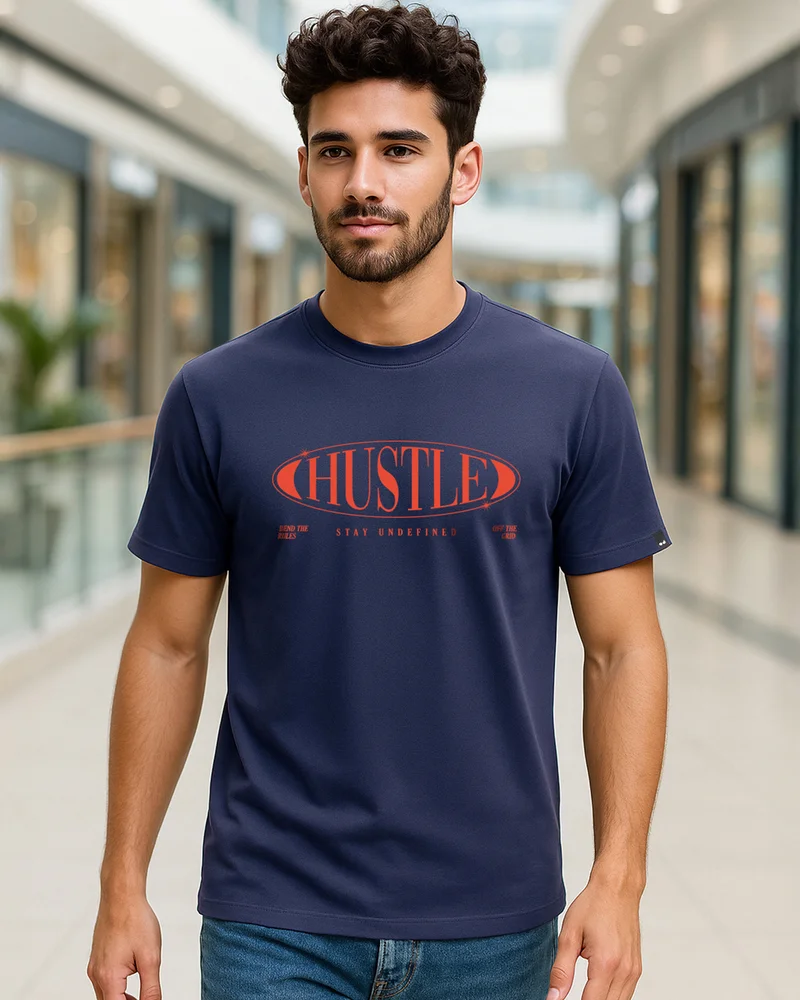 بيواكوف Men's Navy Blue Hustle Typography T-shirt