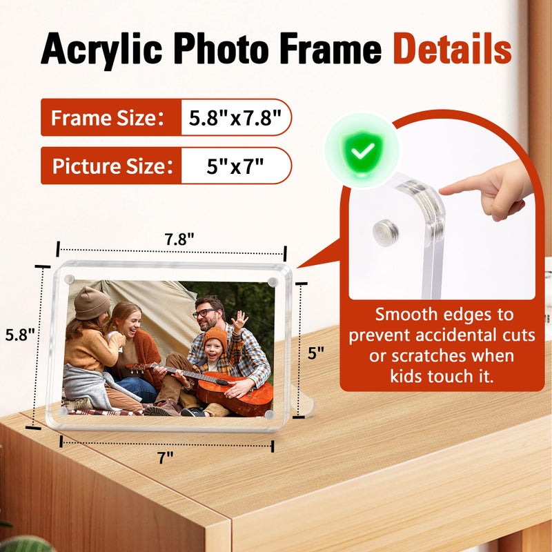 FixSmith 5x7 إطارات صورة أكريليك 2 حزمة إطار صورة واضحة مع الحامل إطارات الصور الاكريليك المغناطيسية لعرض الطاولة أفقيا أو العمودي الإطار العائم لمكتب المنزل - Image 1
