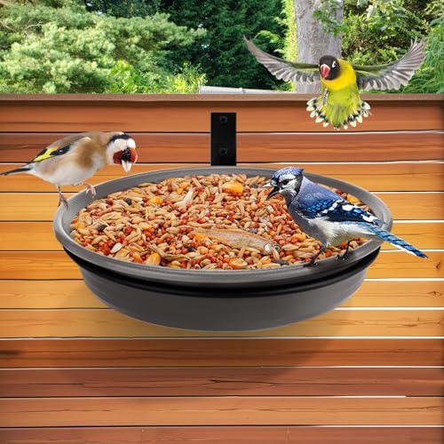 Alphatool Fence Bird Feeders Tray Tree Mounted Wild Bird Bath for Outdoors Place Food Water Installed on Deck Wall Stakes with Heavy Duty Iron Ring 83 Dia Grey - Image 1
