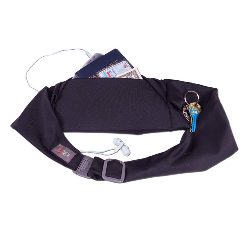 BANDI Large Travel and Running Belt, Securely Carry Keys, Phone, Medicine, Money or Food While You Exercise or Travel Within Its Sleek 3 Pocket Design, Size 7.5 Inch by 3.5 Inch Black Solid One Size - Image 2
