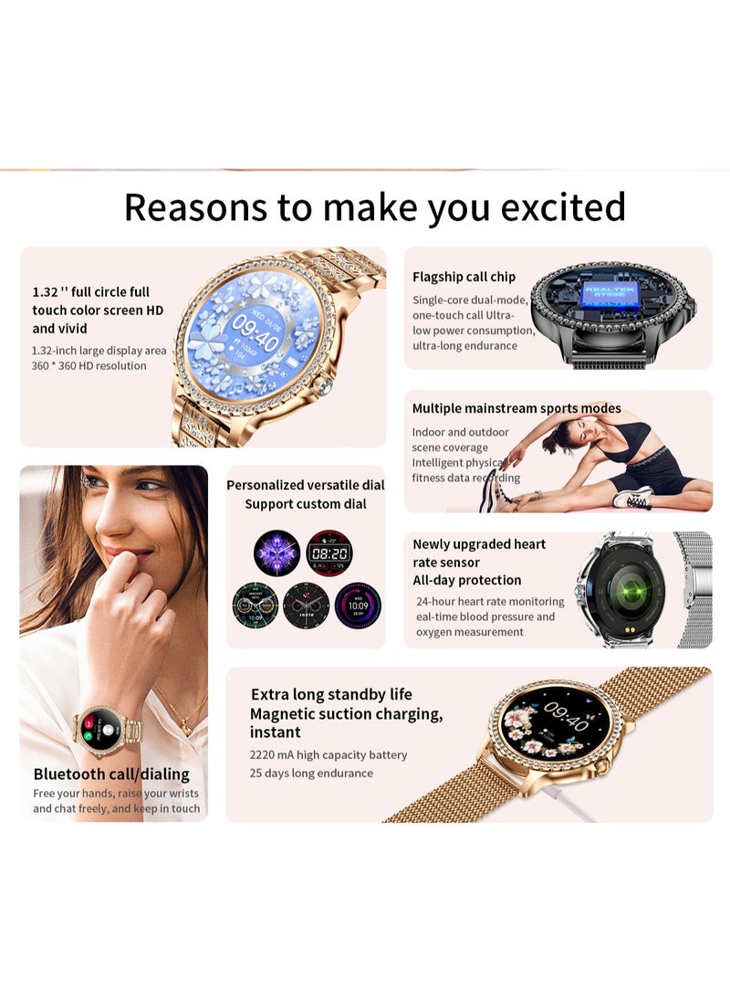 RollsTimi  - Women/Ladies Bluetooth Smartwatch, Answer/Unplug Call Function, 1.32 Inch Full Screen Touch Smart Watch, With Exercise Heart Rate Monitoring And Sleep Monitoring, Exercise Mode RTi58 Gold - Image 1