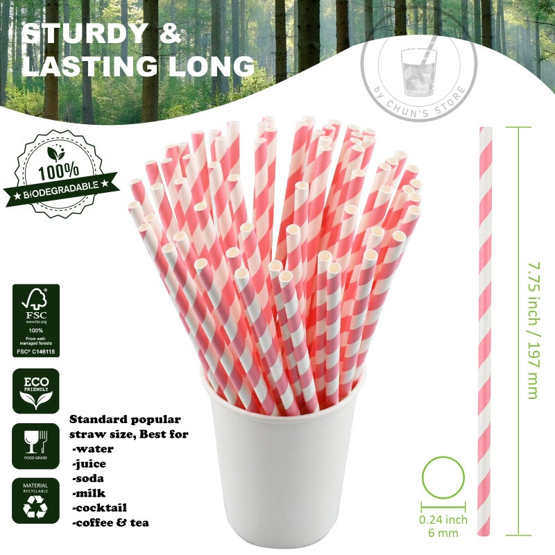 chunspak [1000 Count] Chunspak Pink and White Striped Paper Drinking Straws Bulk  7.75"" x0.24""  Unwrapped - Biodegradable and Compostable - Image 1
