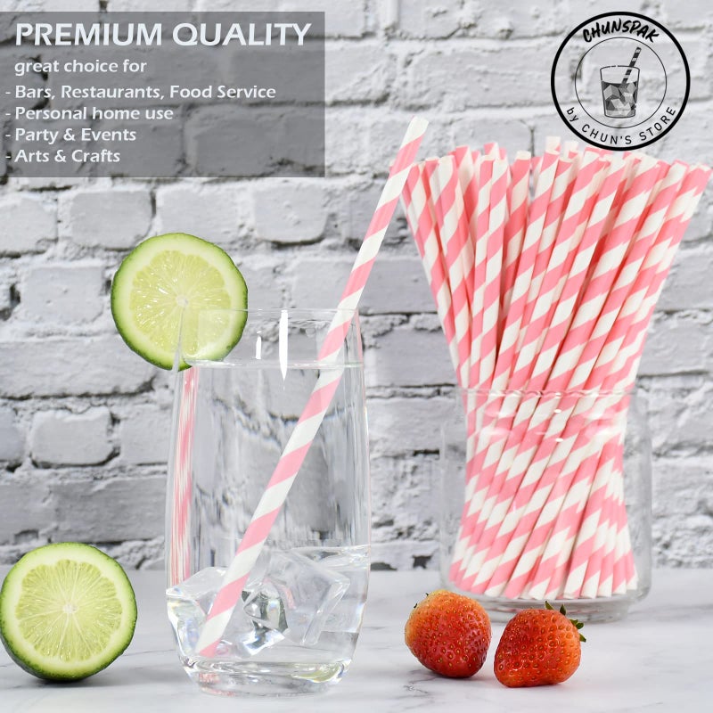 chunspak [1000 Count] Chunspak Pink and White Striped Paper Drinking Straws Bulk  7.75"" x0.24""  Unwrapped - Biodegradable and Compostable - Image 2