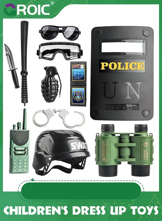GROIC 11 Pcs Police Costume Toys Includes Shield Helmet Handcuffs Baton For Kids Dress Up & Pretend Play,Kids Police Role Play Toy Kit,SWAT Accessories for Dress Up Costumes - Image 1