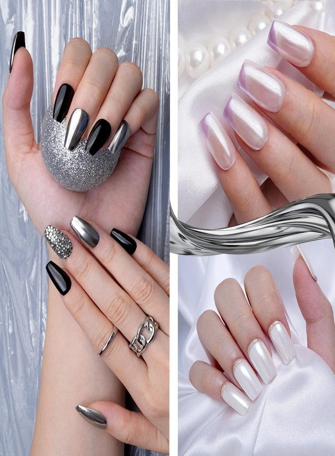 Pretty Diva PrettyDiva Chrome Nail Powder Set- 4 Jars Chrome Powder Nail Art Mirror Effect Metallic Nails Chrome Powder, Gold Silver Black and White Pearl Chrome Powders Pigment for Nails - Image 5