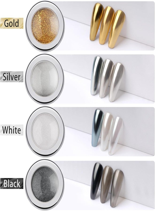 Pretty Diva PrettyDiva Chrome Nail Powder Set- 4 Jars Chrome Powder Nail Art Mirror Effect Metallic Nails Chrome Powder, Gold Silver Black and White Pearl Chrome Powders Pigment for Nails - Image 2