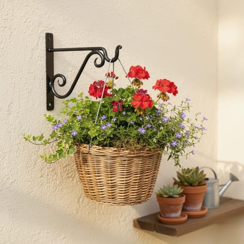Living Ideas Hand Forged Metal Plant Hanger Bracket Outdoor Modern Farmhouse Hanging Shepherds Hook for Bird Feeders Lanterns and Flower Baskets Farmhouse Heavy Duty Garden Plant Hanger Black Powder Coated - Image 3