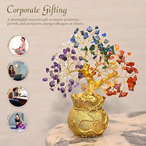 ZAICUS Seven Chakra Crystal Tree with Golden Money Bag Base – Feng Shui Gemstone Bonsai Tree for Home Decor, Lucky Wealth Showpiece for Living Room, Office Desk Decoration & Gift (7 X 3 Inch) - Image 3