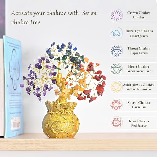 ZAICUS Seven Chakra Crystal Tree with Golden Money Bag Base – Feng Shui Gemstone Bonsai Tree for Home Decor, Lucky Wealth Showpiece for Living Room, Office Desk Decoration & Gift (7 X 3 Inch) - Image 2
