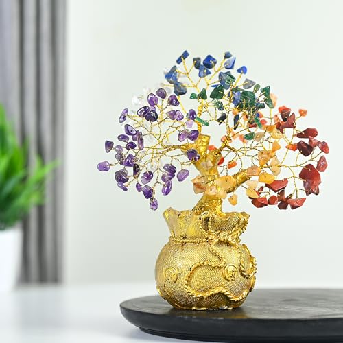 ZAICUS Seven Chakra Crystal Tree with Golden Money Bag Base – Feng Shui Gemstone Bonsai Tree for Home Decor, Lucky Wealth Showpiece for Living Room, Office Desk Decoration & Gift (7 X 3 Inch) - Image 1