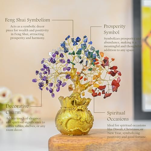 ZAICUS Seven Chakra Crystal Tree with Golden Money Bag Base – Feng Shui Gemstone Bonsai Tree for Home Decor, Lucky Wealth Showpiece for Living Room, Office Desk Decoration & Gift (7 X 3 Inch) - Image 4